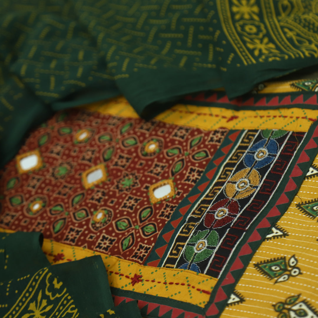 Ada Dijon Yellow Mirror Work with Patch in Ajrak Printed Cotton Suit Set