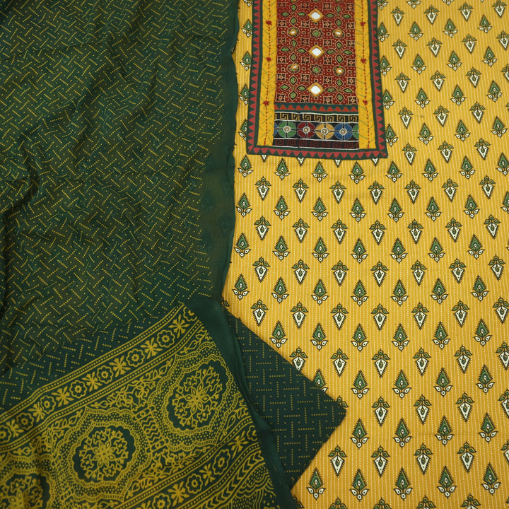 Ada Dijon Yellow Mirror Work with Patch in Ajrak Printed Cotton Suit Set