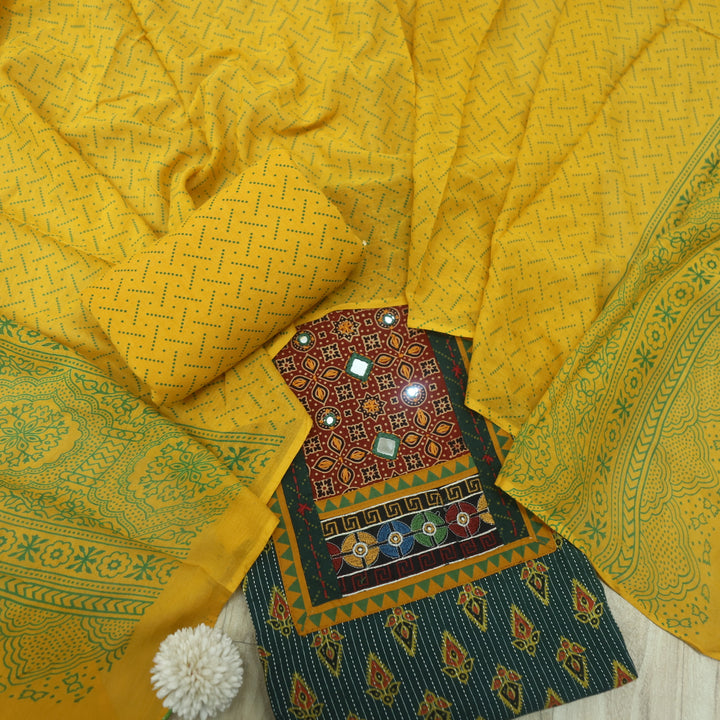Ada Pine Green Mirror Work with Patch in Ajrak Printed Cotton Suit Set