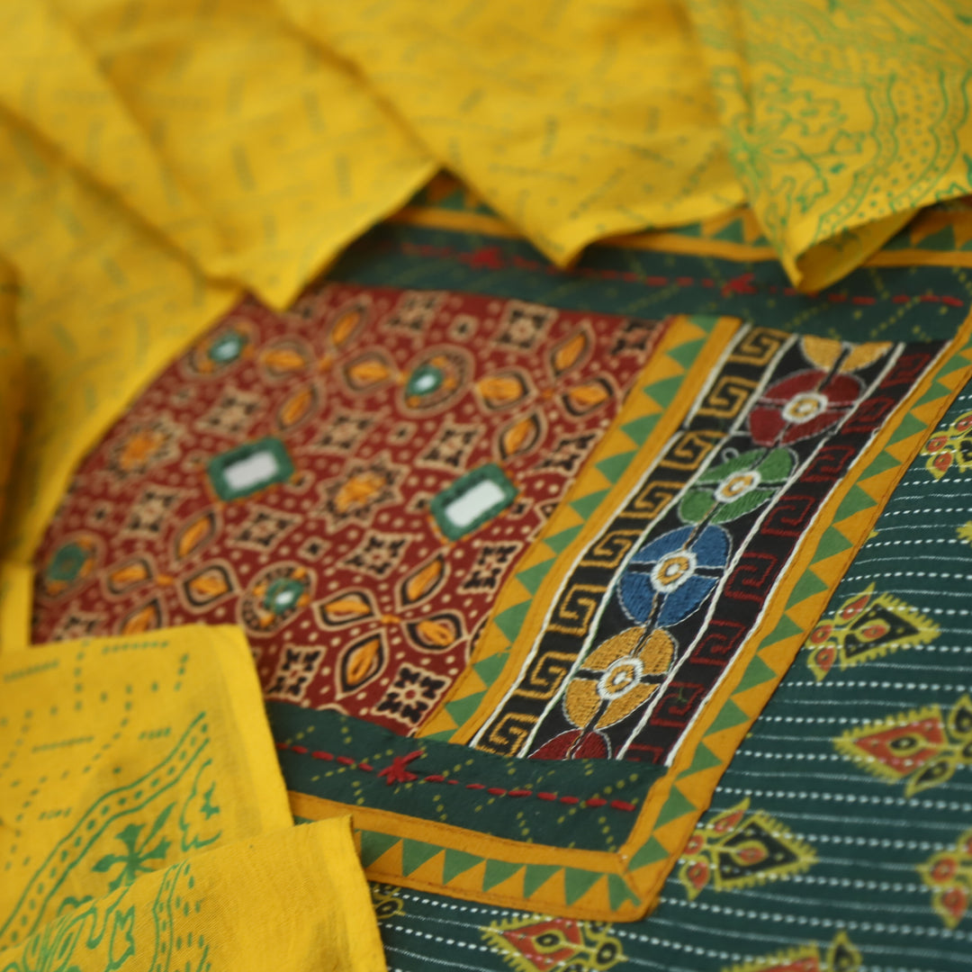 Ada Pine Green Mirror Work with Patch in Ajrak Printed Cotton Suit Set
