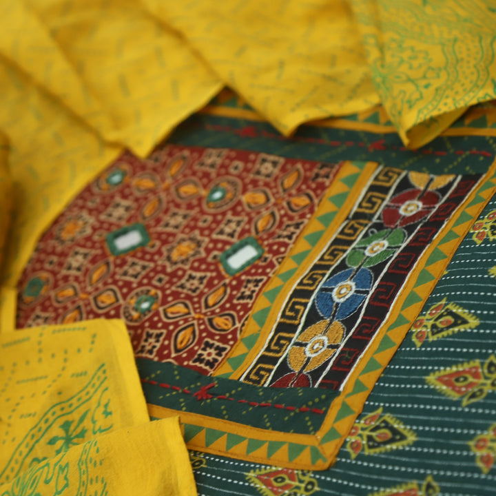 Ada Pine Green Mirror Work with Patch in Ajrak Printed Cotton Suit Set