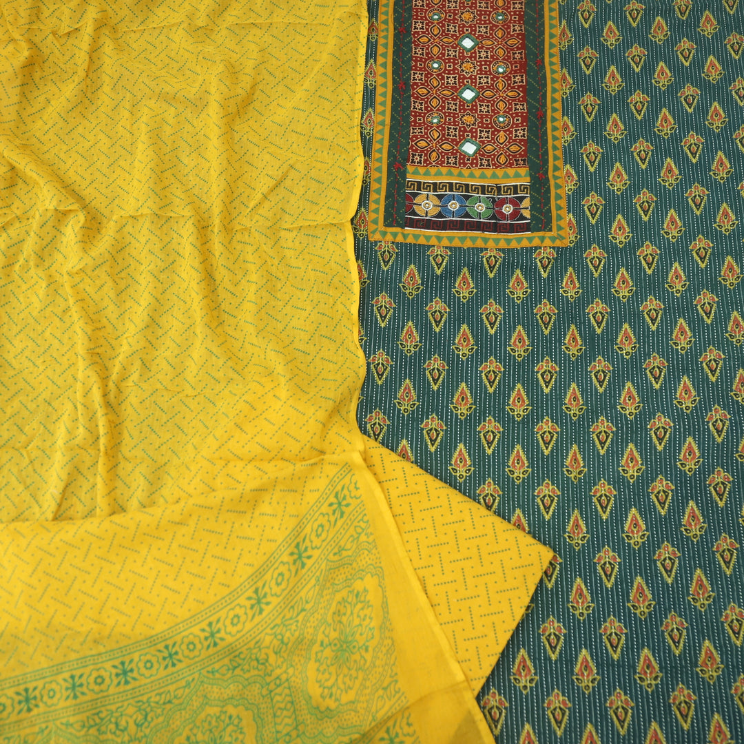 Ada Pine Green Mirror Work with Patch in Ajrak Printed Cotton Suit Set