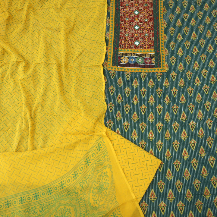Ada Pine Green Mirror Work with Patch in Ajrak Printed Cotton Suit Set
