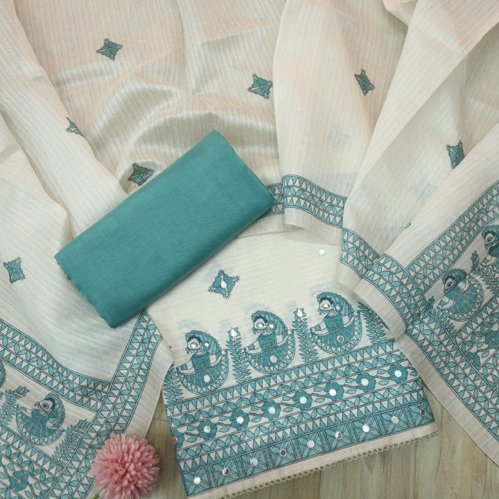 Ruaa Cream with Teal Blue Madhubani Printed Tussar Chanderi Suit Set