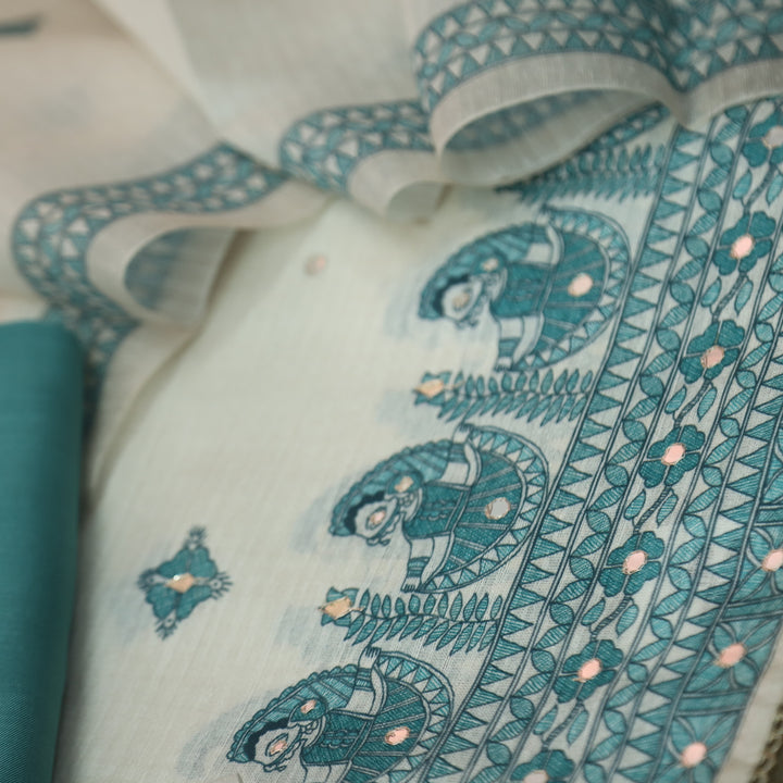 Ruaa Cream with Teal Blue Madhubani Printed Tussar Chanderi Suit Set