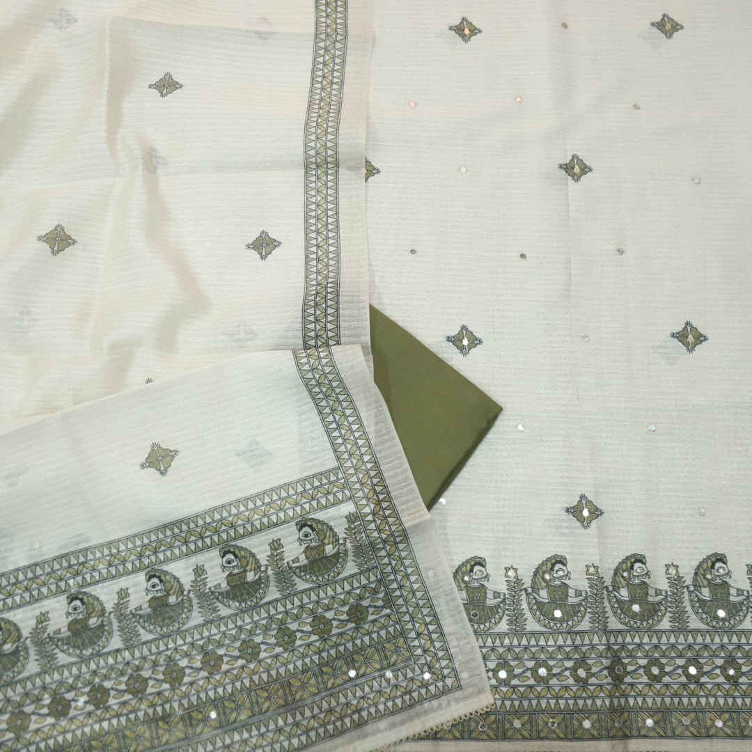 Ruaa Cream with Fern Green Madhubani Printed Tussar Chanderi Suit Set