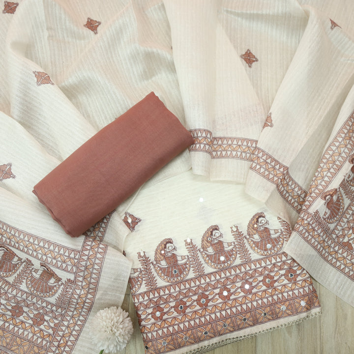 Ruaa Cream with Coffee Brown Madhubani Printed Tussar Chanderi Suit Set