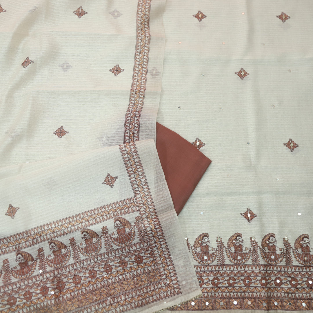 Ruaa Cream with Coffee Brown Madhubani Printed Tussar Chanderi Suit Set