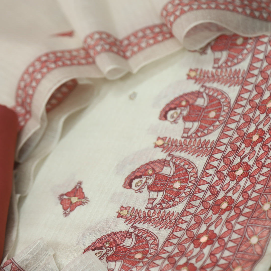 Ruaa Cream with Rust Pink Madhubani Printed Tussar Chanderi Suit Set