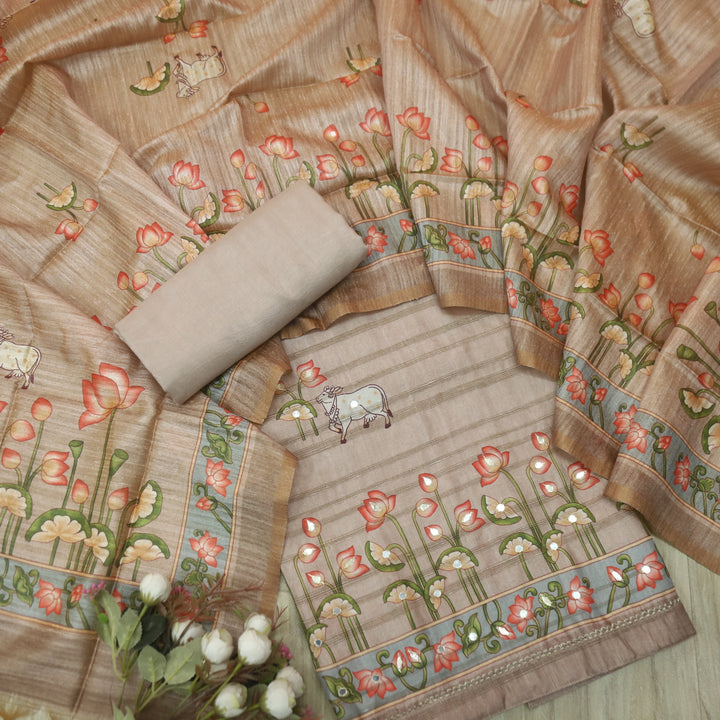 Veriya Sand Beige Floral Printed Hem with Patra Work Chanderi Silk Suit Set