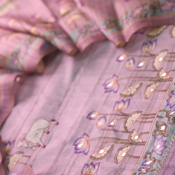 Veriya Lavender Floral Printed Hem with Patra Work Chanderi Silk Suit Set