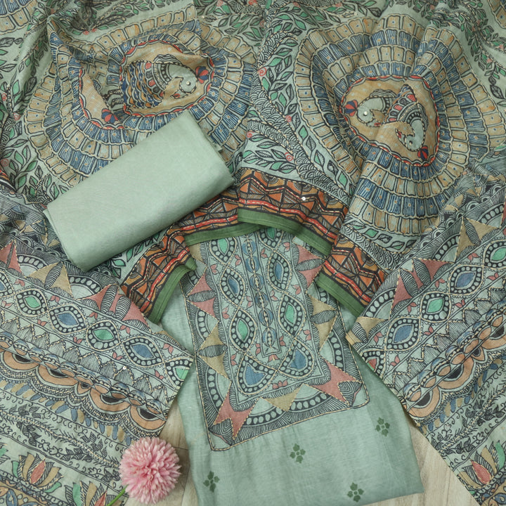 Kush Fern Green Madhubani Printed Chanderi Kantha Work Suit Set