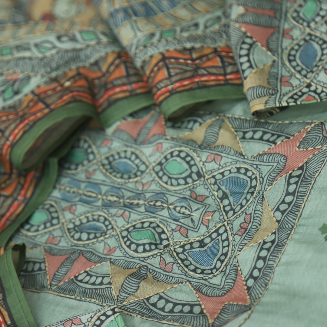 Kush Fern Green Madhubani Printed Chanderi Kantha Work Suit Set