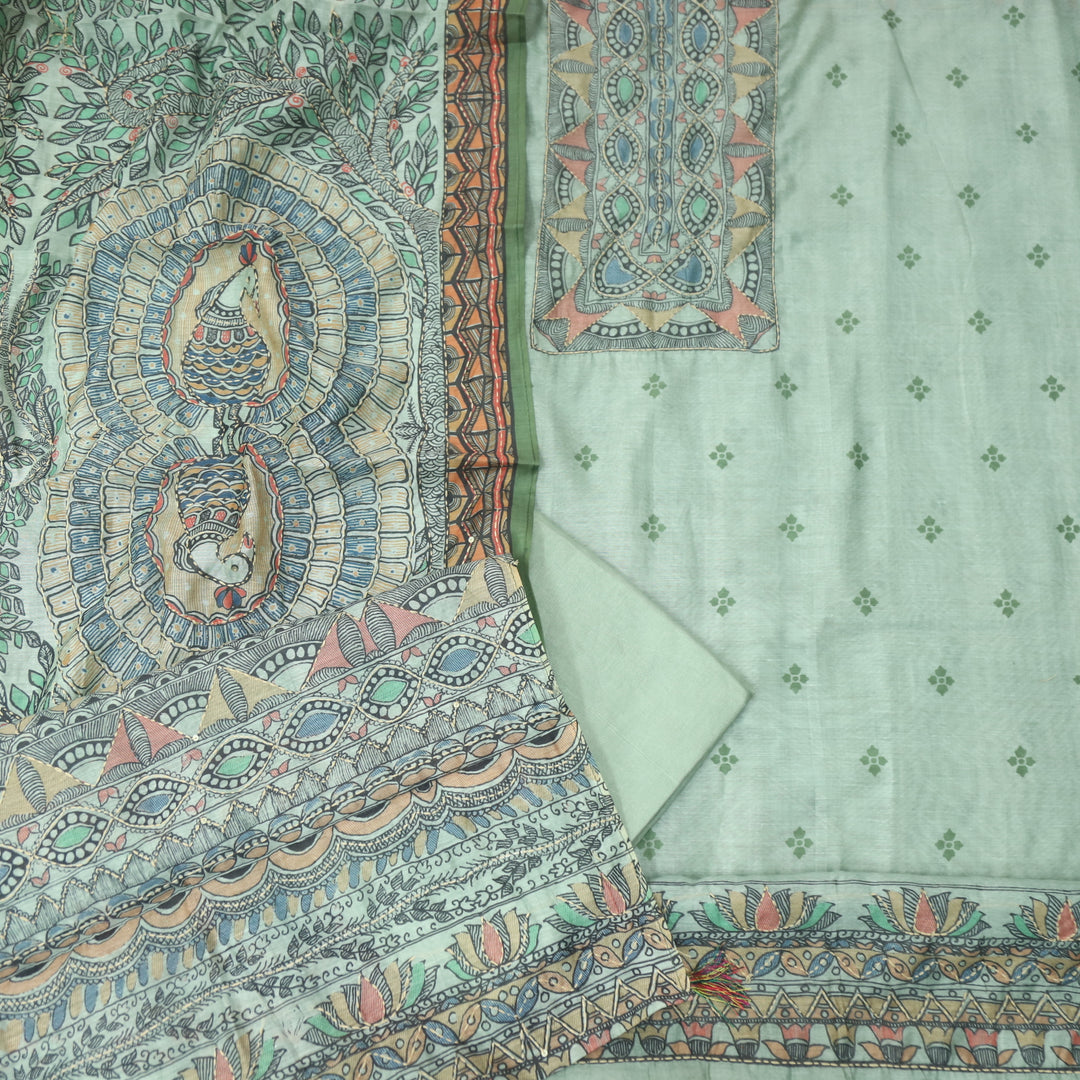 Kush Fern Green Madhubani Printed Chanderi Kantha Work Suit Set