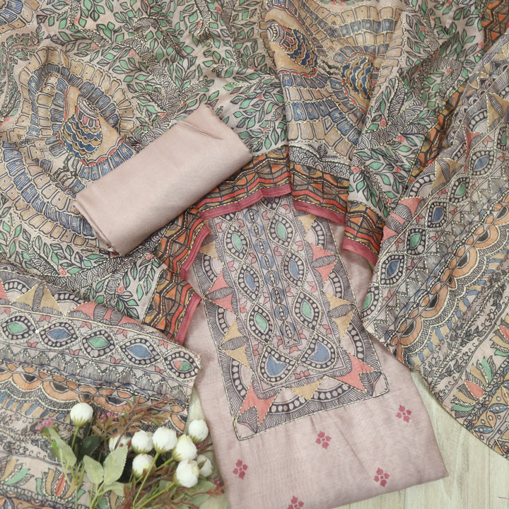 Kush Mauve Pink Madhubani Printed Chanderi Kantha Work Suit Set