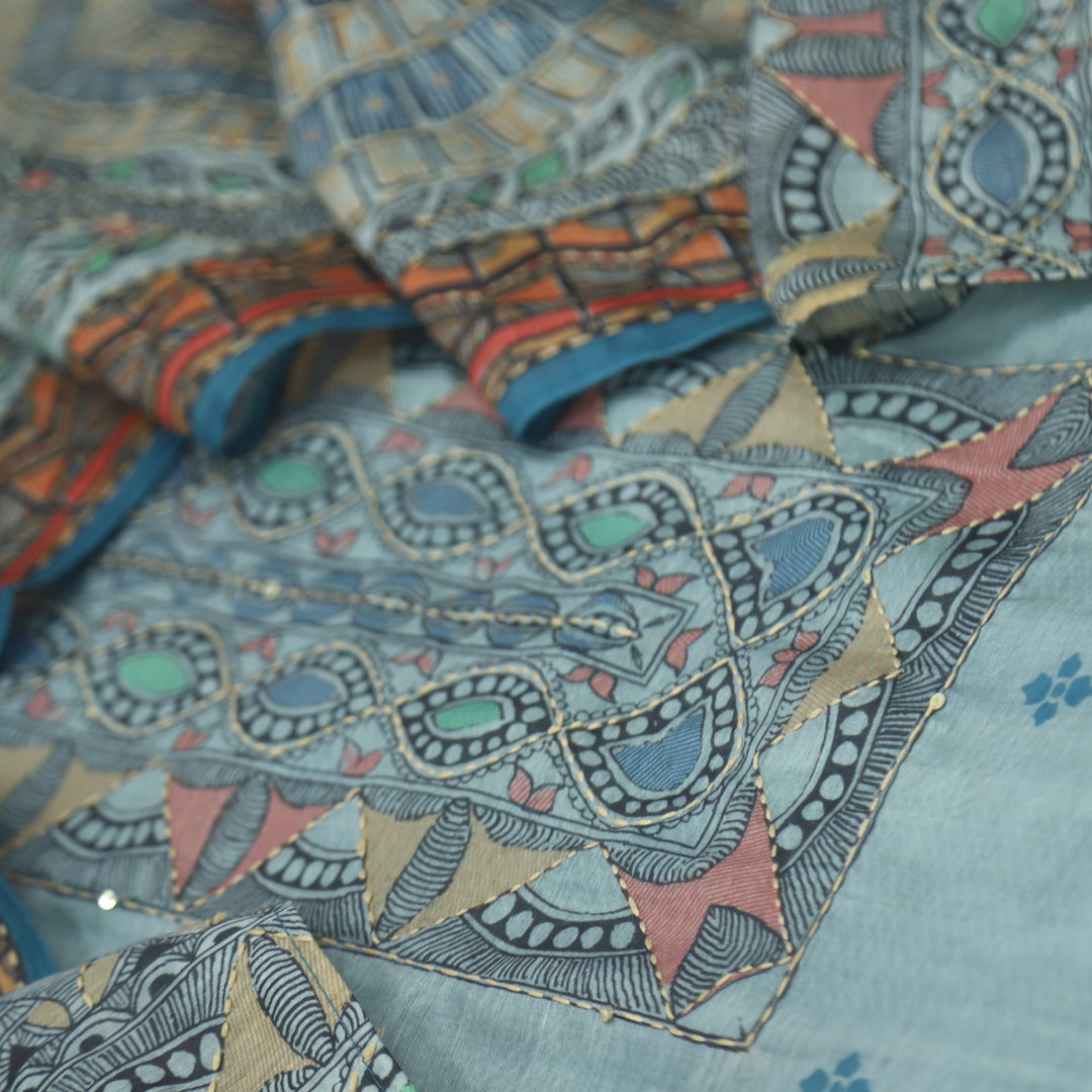 Kush Tiffany Blue Madhubani Printed Chanderi Kantha Work Suit Set