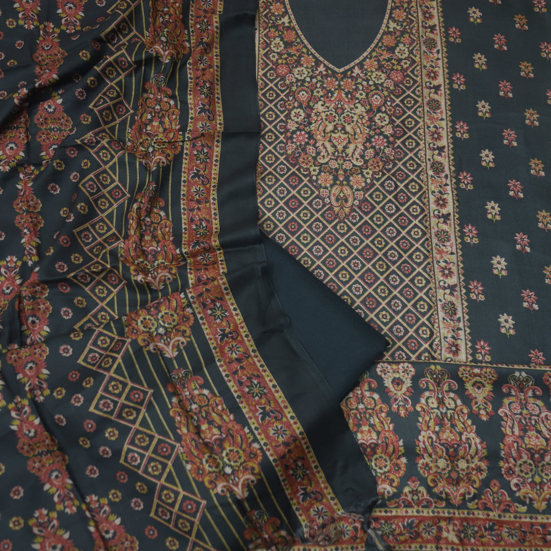 Kanya Shadow Black Digital Floral Printed Semi Pashmina Winter Suit Set