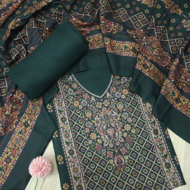 Kanya Sacramento Green Digital Floral Printed Semi Pashmina Winter Suit Set