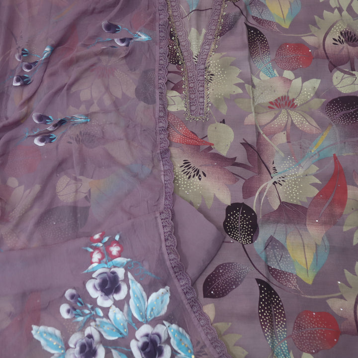 Rahi Helio Purple Embellished V Lace Work Printed Modal Suit Set