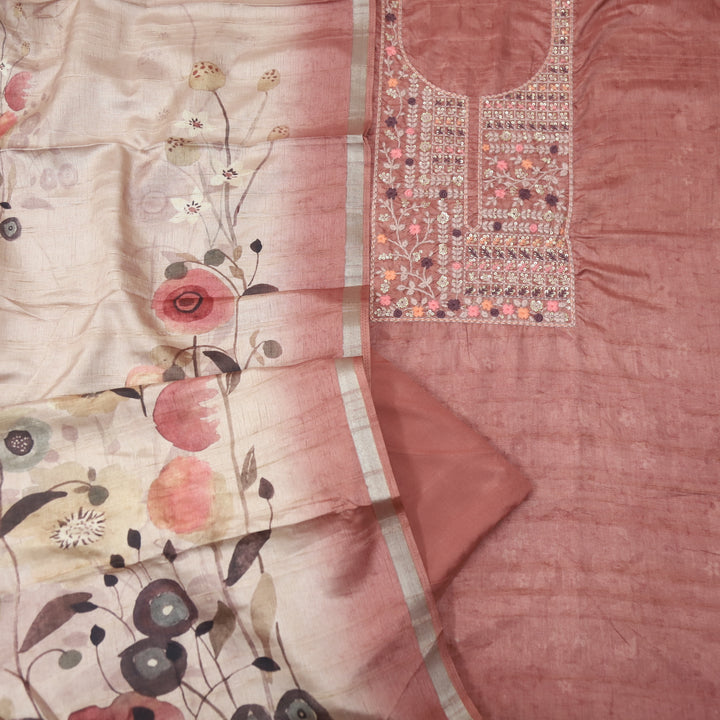 Barista Crimson Peach Thread Embroidered Neckline Chanderi Silk Suit Set