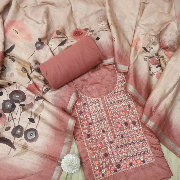 Barista Crimson Peach Thread Embroidered Neckline Chanderi Silk Suit Set