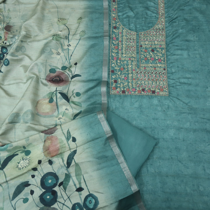 Barista Azure Teal Thread Embroidered Neckline Chanderi Silk Suit Set