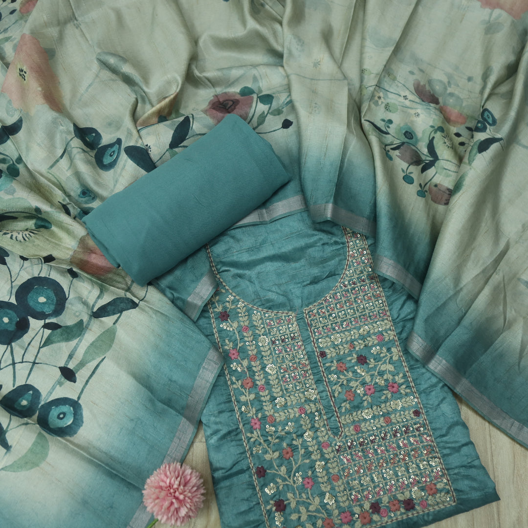 Barista Azure Teal Thread Embroidered Neckline Chanderi Silk Suit Set