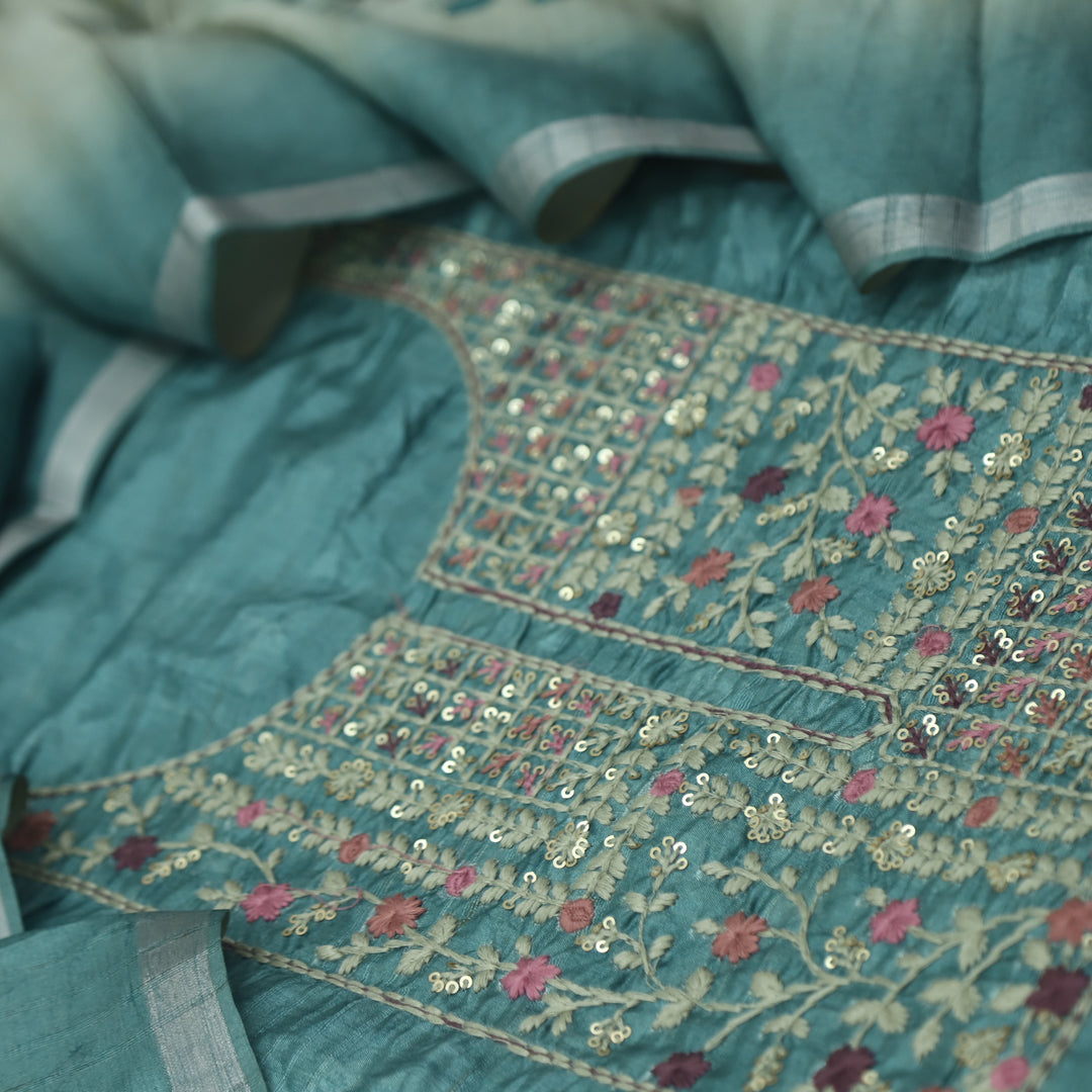 Barista Azure Teal Thread Embroidered Neckline Chanderi Silk Suit Set