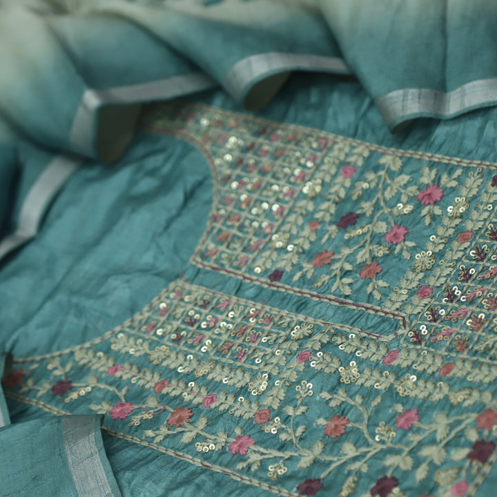 Barista Azure Teal Thread Embroidered Neckline Chanderi Silk Suit Set
