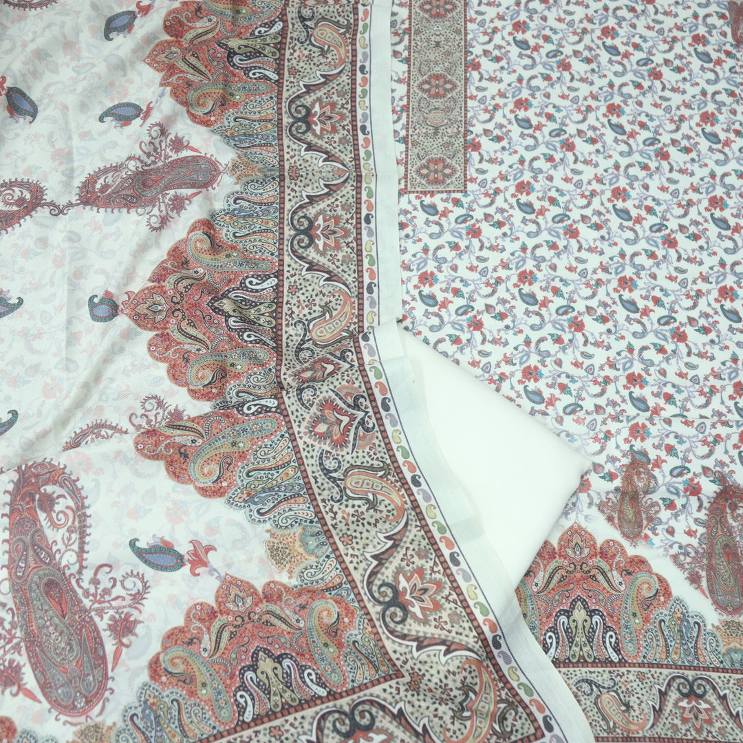 सुप्रिया Cream White Floral Kanni Printed Semi Pashmina Winter Suit Set D2