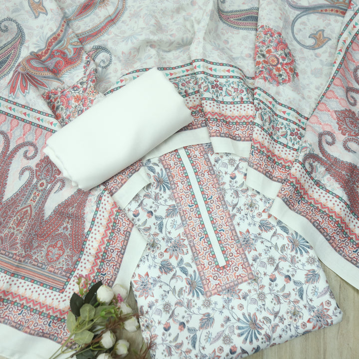 सुप्रिया Cream White Floral Kanni Printed Semi Pashmina Winter Suit Set D3