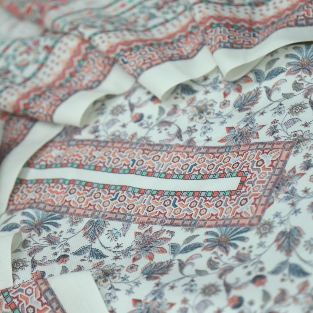 सुप्रिया Cream White Floral Kanni Printed Semi Pashmina Winter Suit Set D3