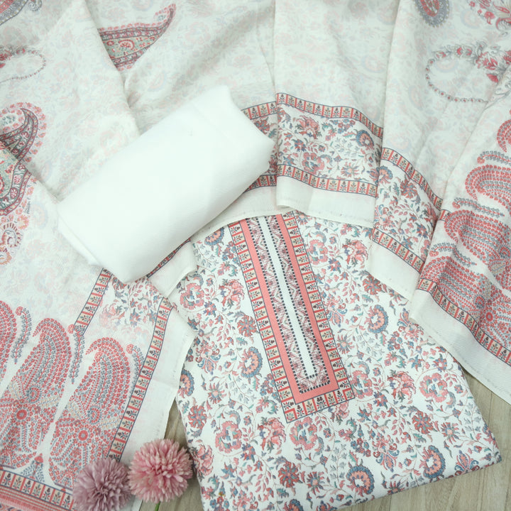सुप्रिया Cream White Floral Kanni Printed Semi Pashmina Winter Suit Set D4
