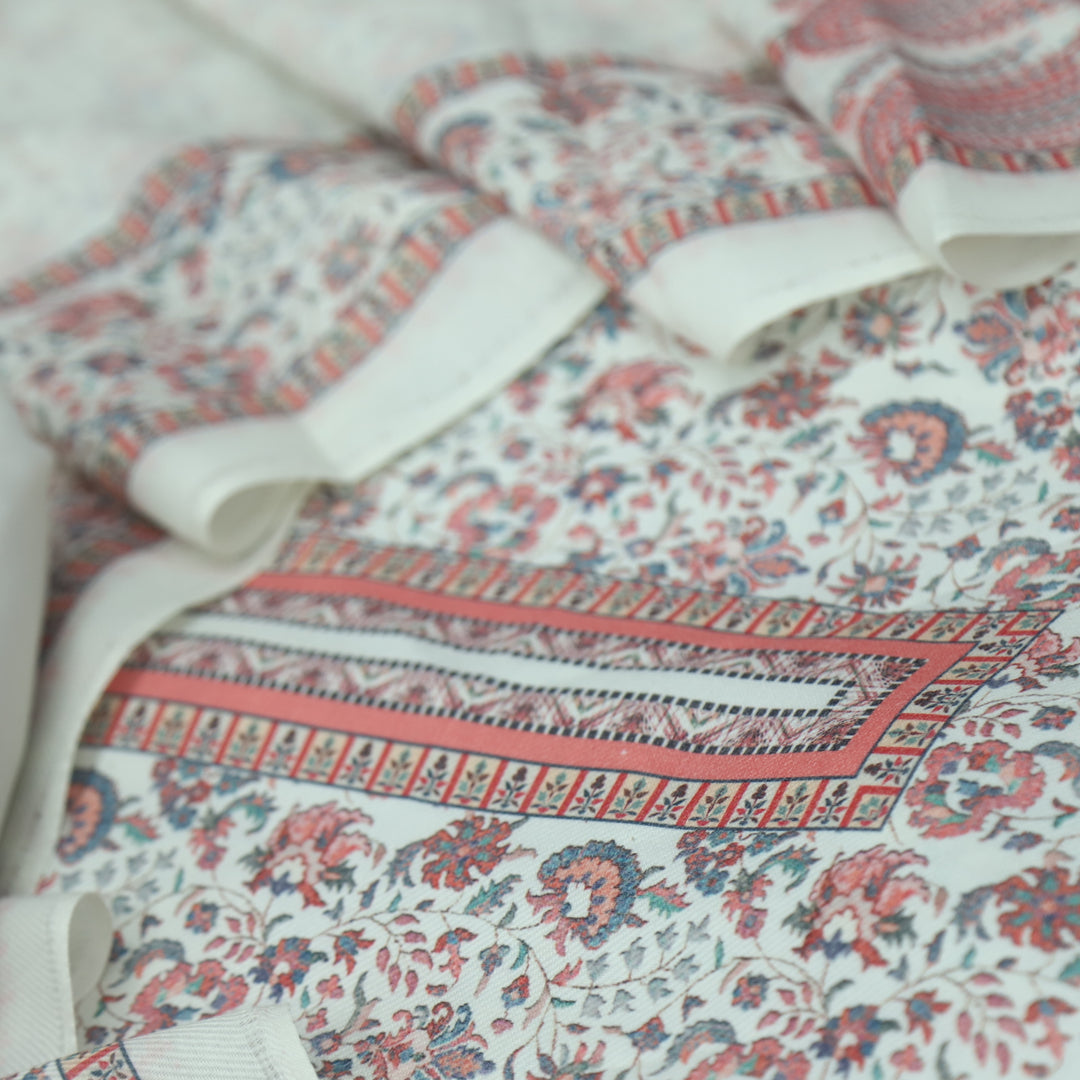 सुप्रिया Cream White Floral Kanni Printed Semi Pashmina Winter Suit Set D4