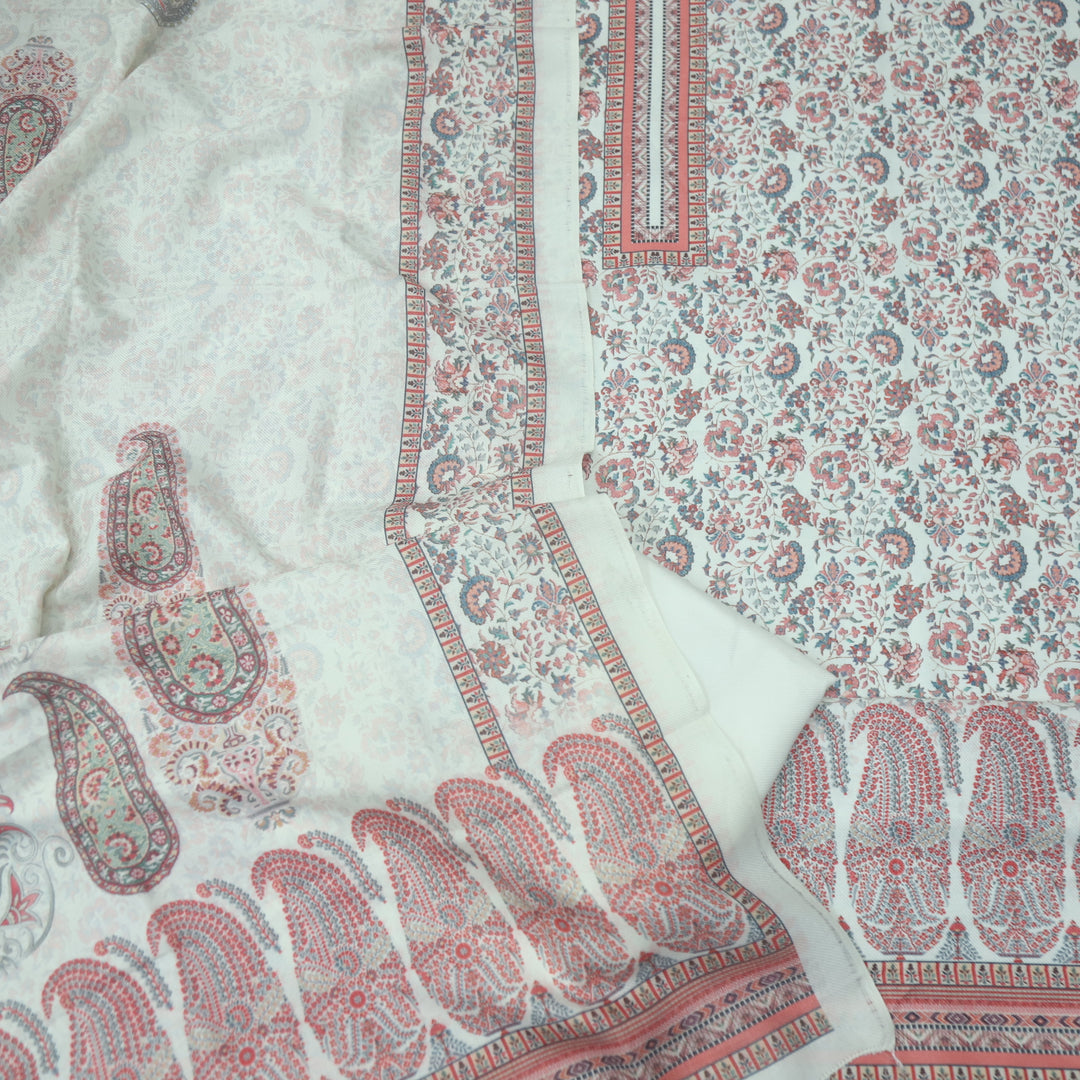 सुप्रिया Cream White Floral Kanni Printed Semi Pashmina Winter Suit Set D4