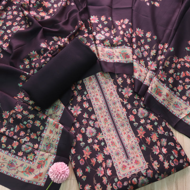 Aloura Night Black Digital Printed Semi Pashmina Winter Suit Set