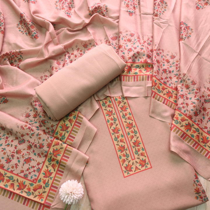 Aloura Sand Beige Digital Printed Semi Pashmina Winter Suit Set