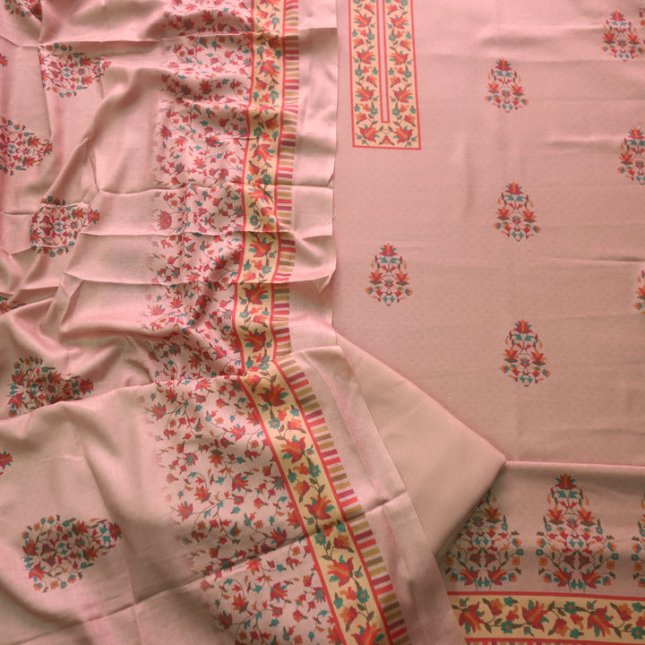 Aloura Sand Beige Digital Printed Semi Pashmina Winter Suit Set