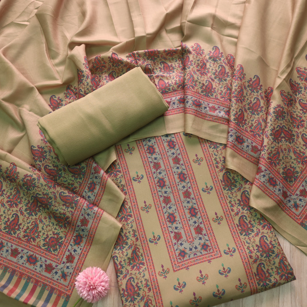 Aloura Fern Green Digital Printed Semi Pashmina Winter Suit Set