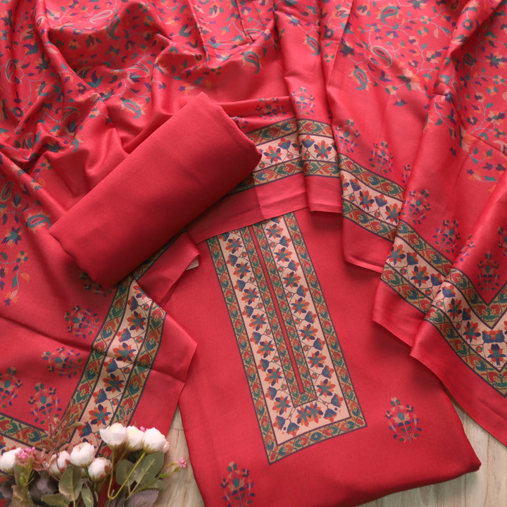 Aloura Carmine Red Digital Printed Semi Pashmina Winter Suit Set