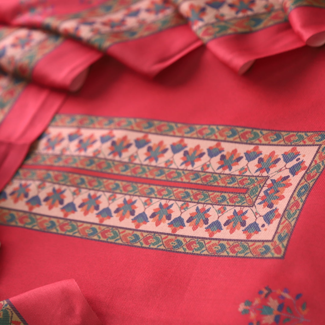 Aloura Carmine Red Digital Printed Semi Pashmina Winter Suit Set