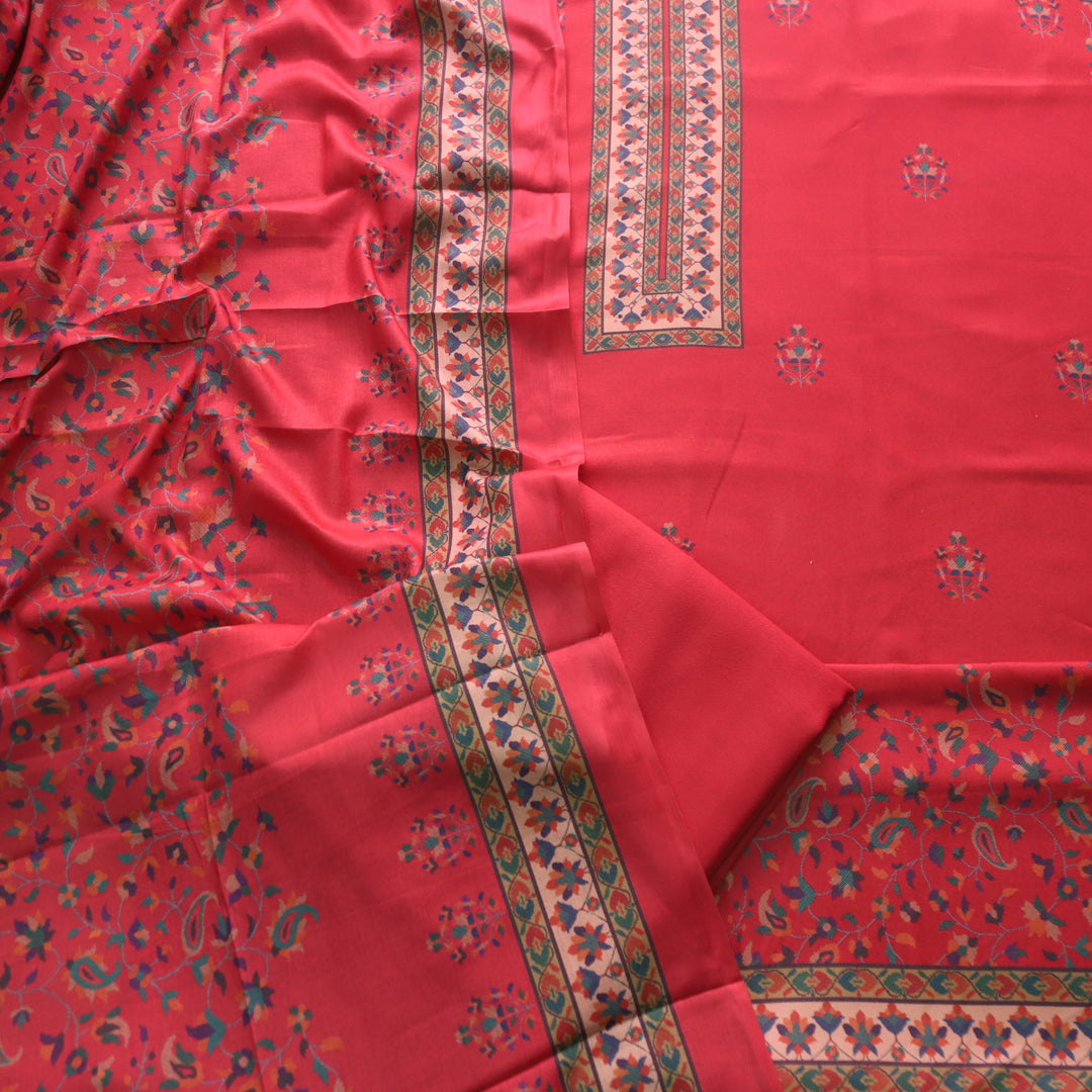Aloura Carmine Red Digital Printed Semi Pashmina Winter Suit Set