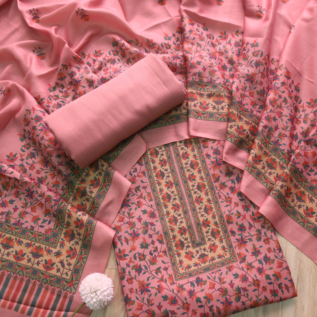 Aloura Blush Pink Digital Printed Semi Pashmina Winter Suit Set