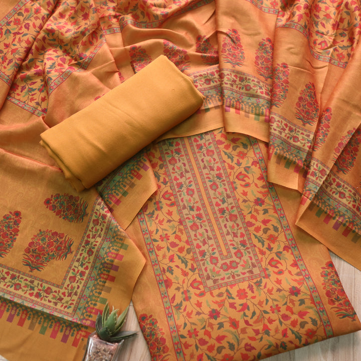Aloura Dijon Yellow Digital Printed Semi Pashmina Winter Suit Set