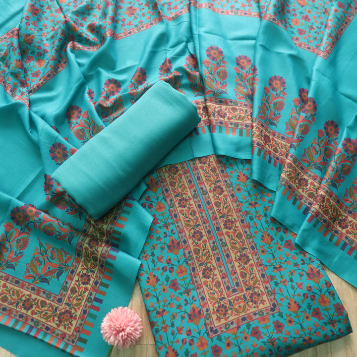 Aloura Maya Blue Digital Printed Semi Pashmina Winter Suit Set