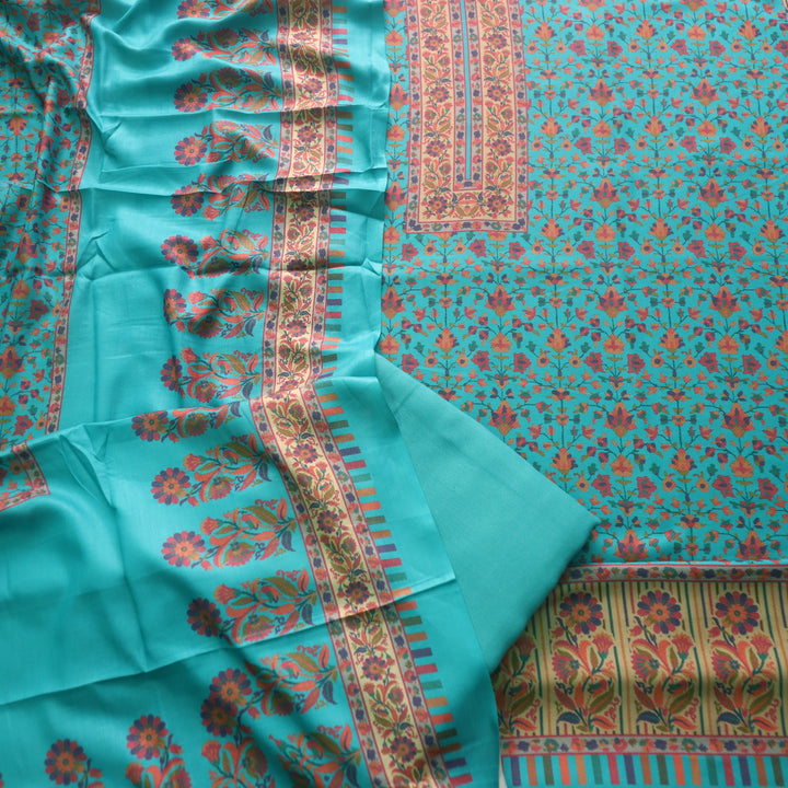 Aloura Maya Blue Digital Printed Semi Pashmina Winter Suit Set