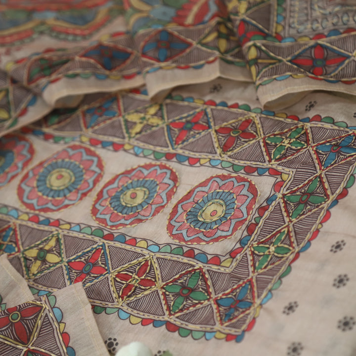 Noor Hazel Beige Madhubani Printed Chanderi Kantha Work Suit Set
