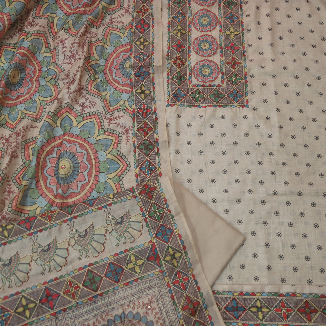 Noor Hazel Beige Madhubani Printed Chanderi Kantha Work Suit Set