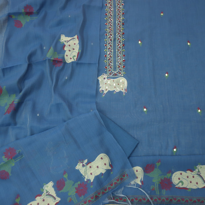 Khayal Sapphire Blue Embellish Work Pichwai Printed Chanderi Suit Set