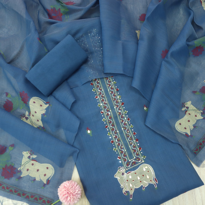 Khayal Sapphire Blue Embellish Work Pichwai Printed Chanderi Suit Set